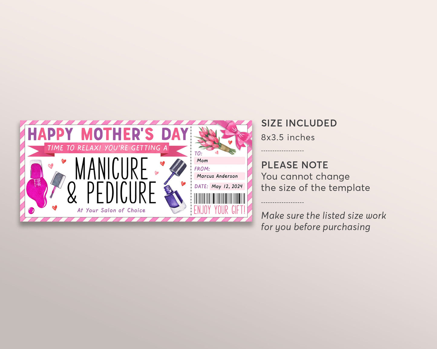 Mothers Day Mani Pedi Ticket Editable Template, Manicure Pedicure Gift Certificate For Mom, Nail Salon Spa Day Experience Voucher Coupon