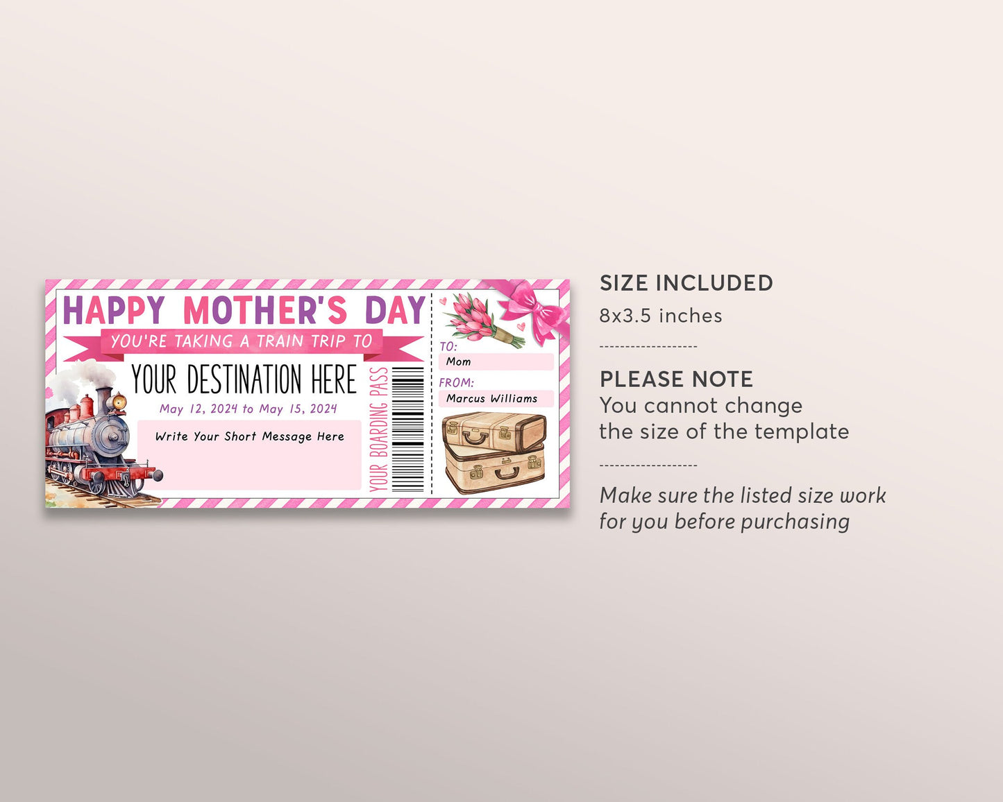 Mothers Day Train Ticket Boarding Pass Editable Template, Surprise Weekend Getaway Vacation Travel Gift Certificate For Mom, Pack Your Bags