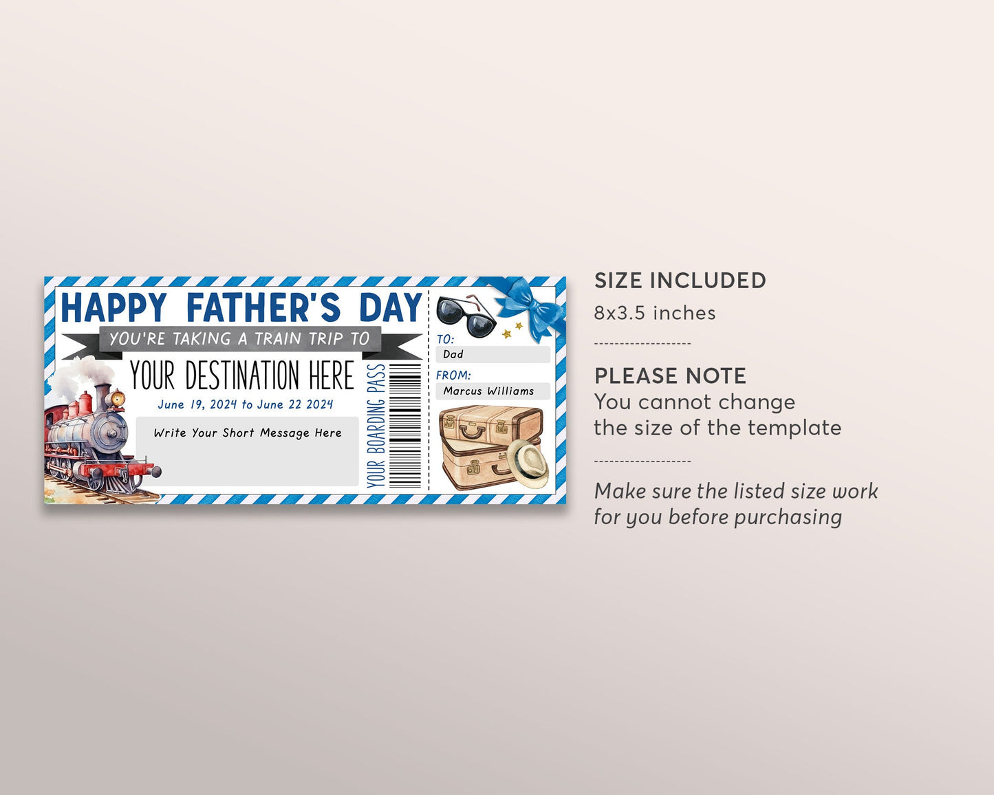 Fathers Day Train Ticket Boarding Pass Editable Template, Surprise Weekend Getaway Vacation Travel Gift Certificate For Dad, Pack Your Bags