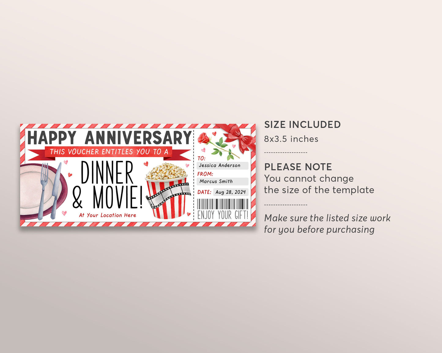 Dinner and Movie Gift Voucher Editable Template, Wedding Anniversary Surprise Date Night Restaurant Gift Certificate Reveal For Wife Husband