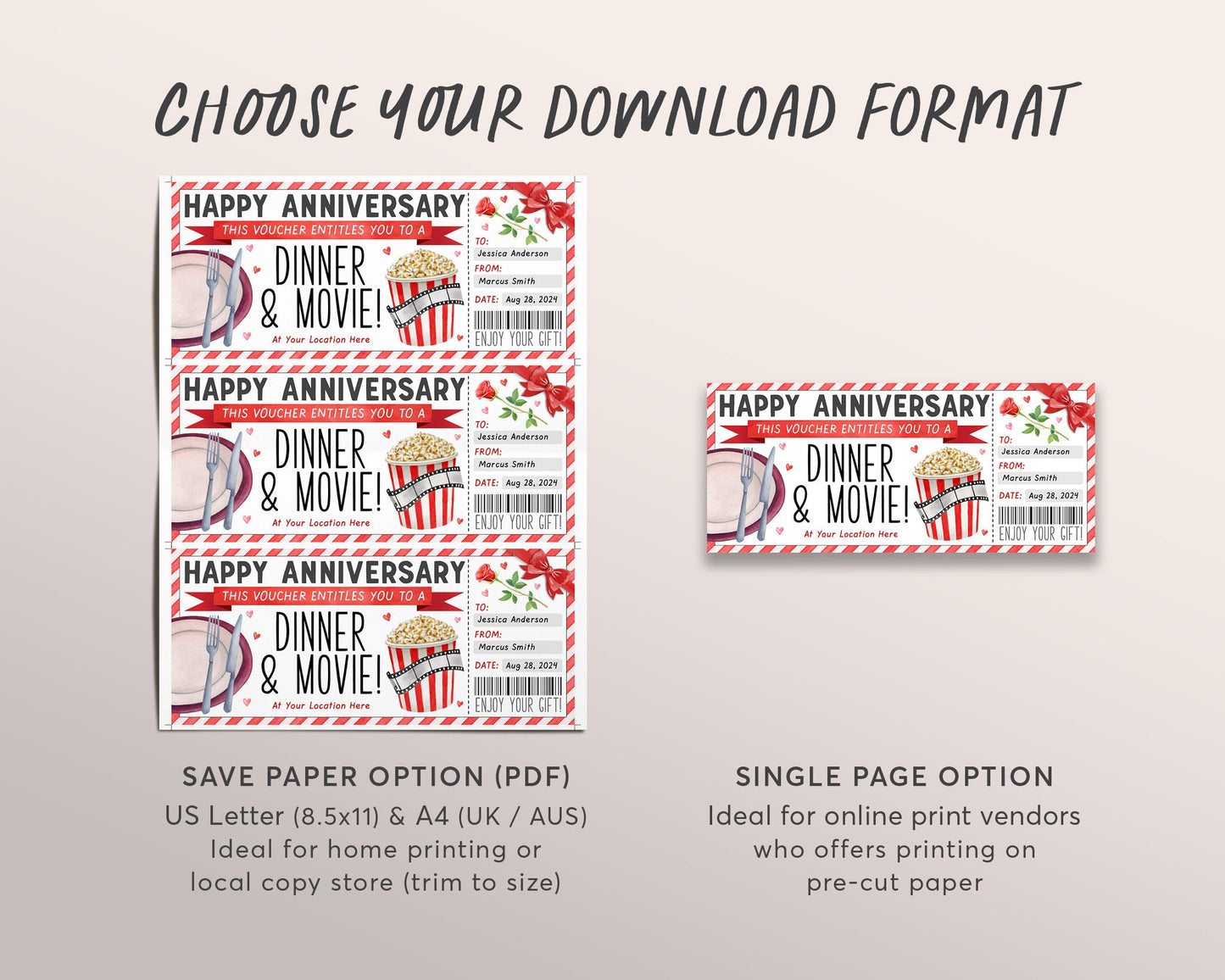 Dinner and Movie Gift Voucher Editable Template, Wedding Anniversary Surprise Date Night Restaurant Gift Certificate Reveal For Wife Husband