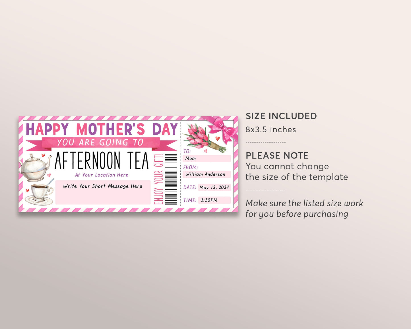 Afternoon Tea Gift Voucher Ticket Editable Template, Mothers Day English Afternoon Tea Gift Certificate Coupon For Mom, Hotel High Tea
