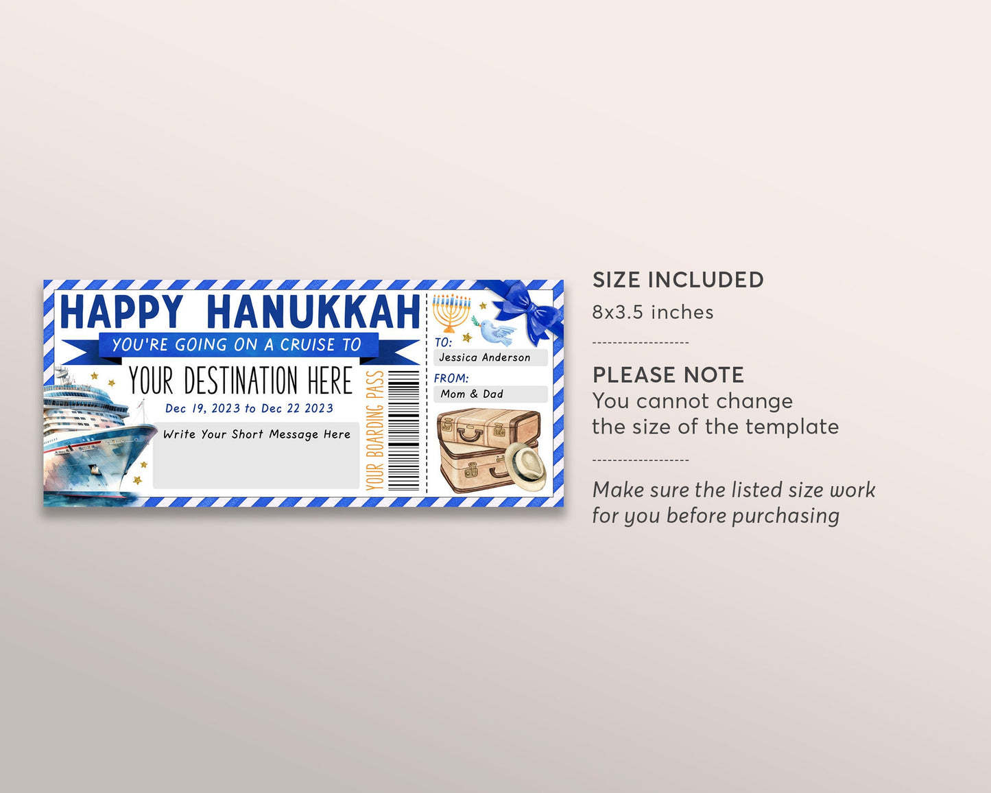Happy Hanukkah Cruise Boarding Pass Ticket Editable Template, Surprise Chanukah Cruise Ship Gift Voucher, Vacation Travel Ticket Trip