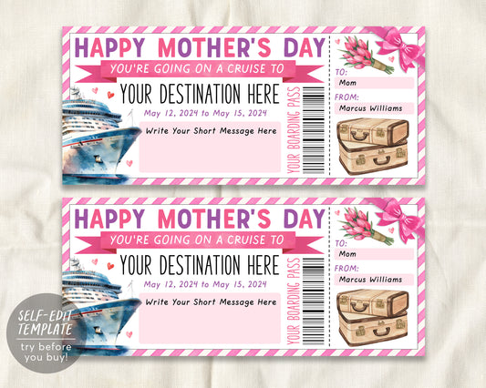 Mothers Day Cruise Boarding Pass Ticket Editable Template