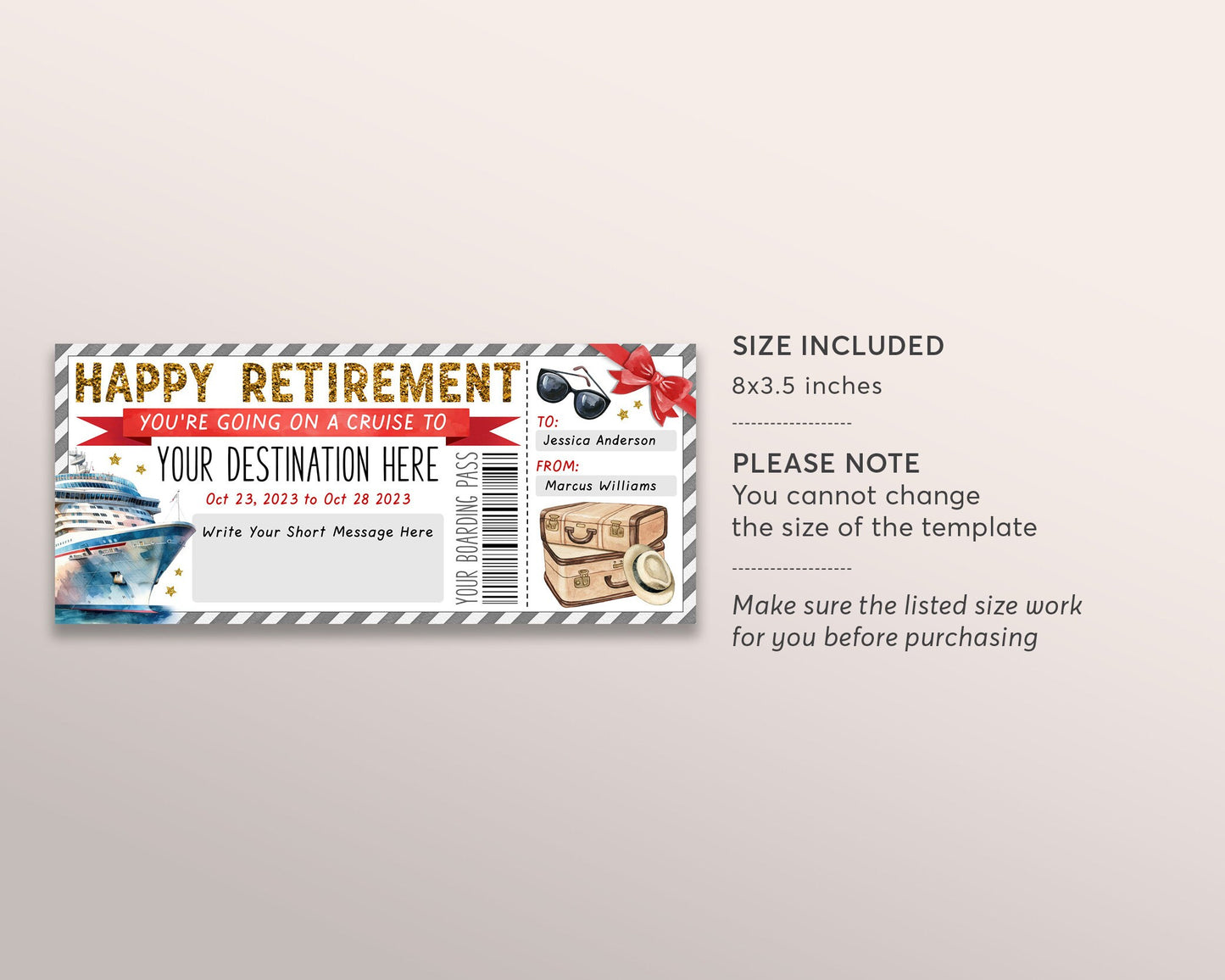 Retirement Cruise Boarding Pass Ticket Editable Template, Surprise Cruise Ship Gift Voucher For Retiree, Vacation Travel Ticket Trip Reveal