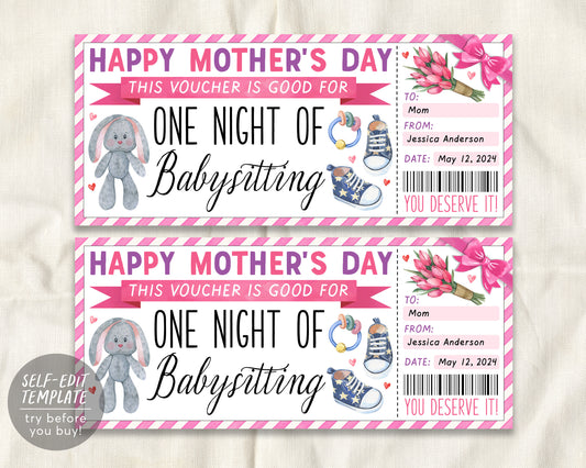 Mothers Day Babysitting Gift Coupon Editable Template