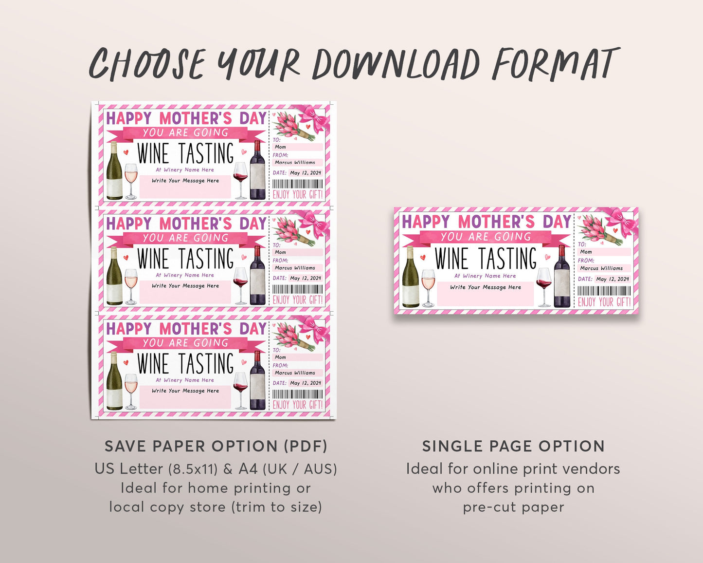 Mothers Day Wine Tasting Gift Voucher Editable Template, Surprise Wine Tasting Ticket Gift Certificate For Mom, Winery Vineyard Coupon