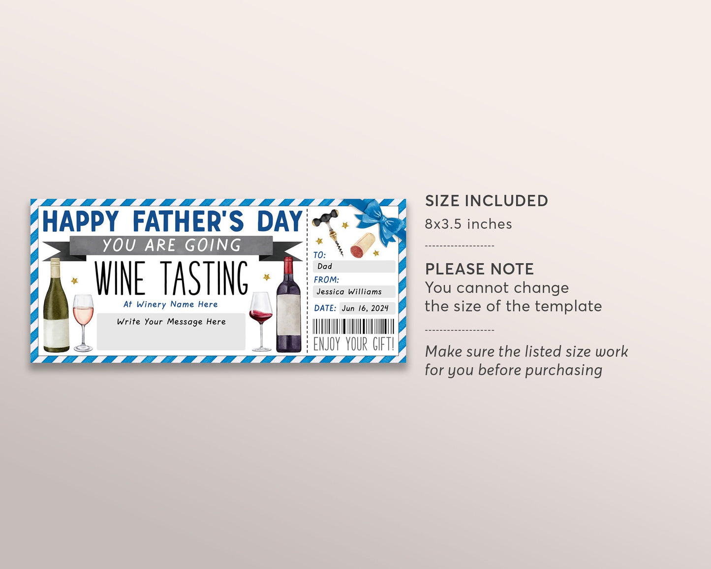 Fathers Day Wine Tasting Gift Voucher Editable Template, Surprise Wine Tasting Ticket Gift Certificate For Dad, Winery Vineyard Coupon