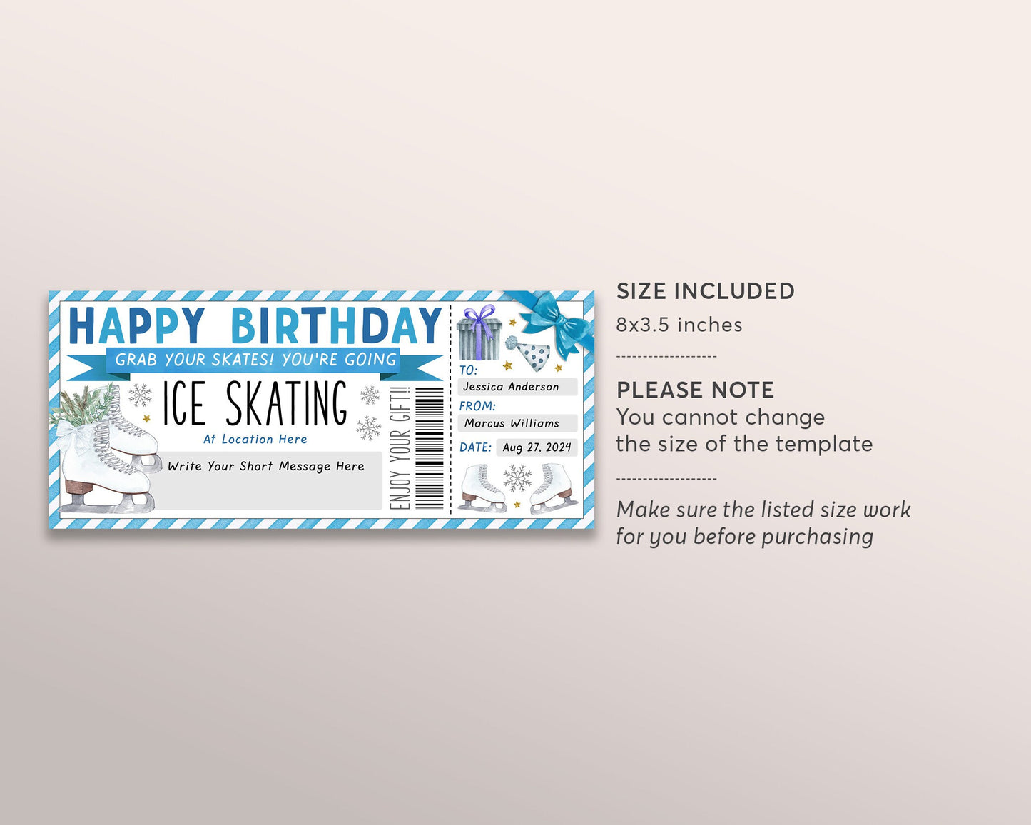 Ice Skating Gift Voucher Editable Template, Birthday Surprise Skating Lessons Gift Certificate For Teen, Skating Membership Coupon Printable