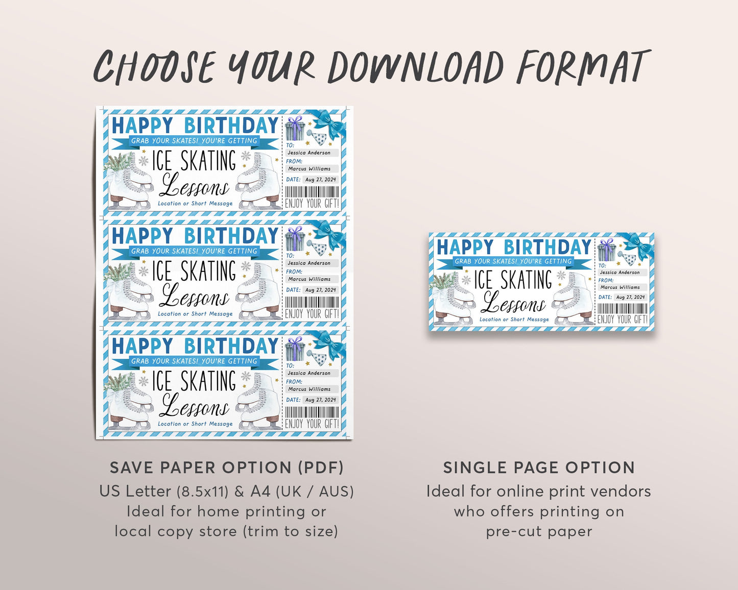 Ice Skating Lessons Gift Certificate Editable Template, Birthday Surprise Ice Skating Sports Voucher, Skating Membership Coupon Printable