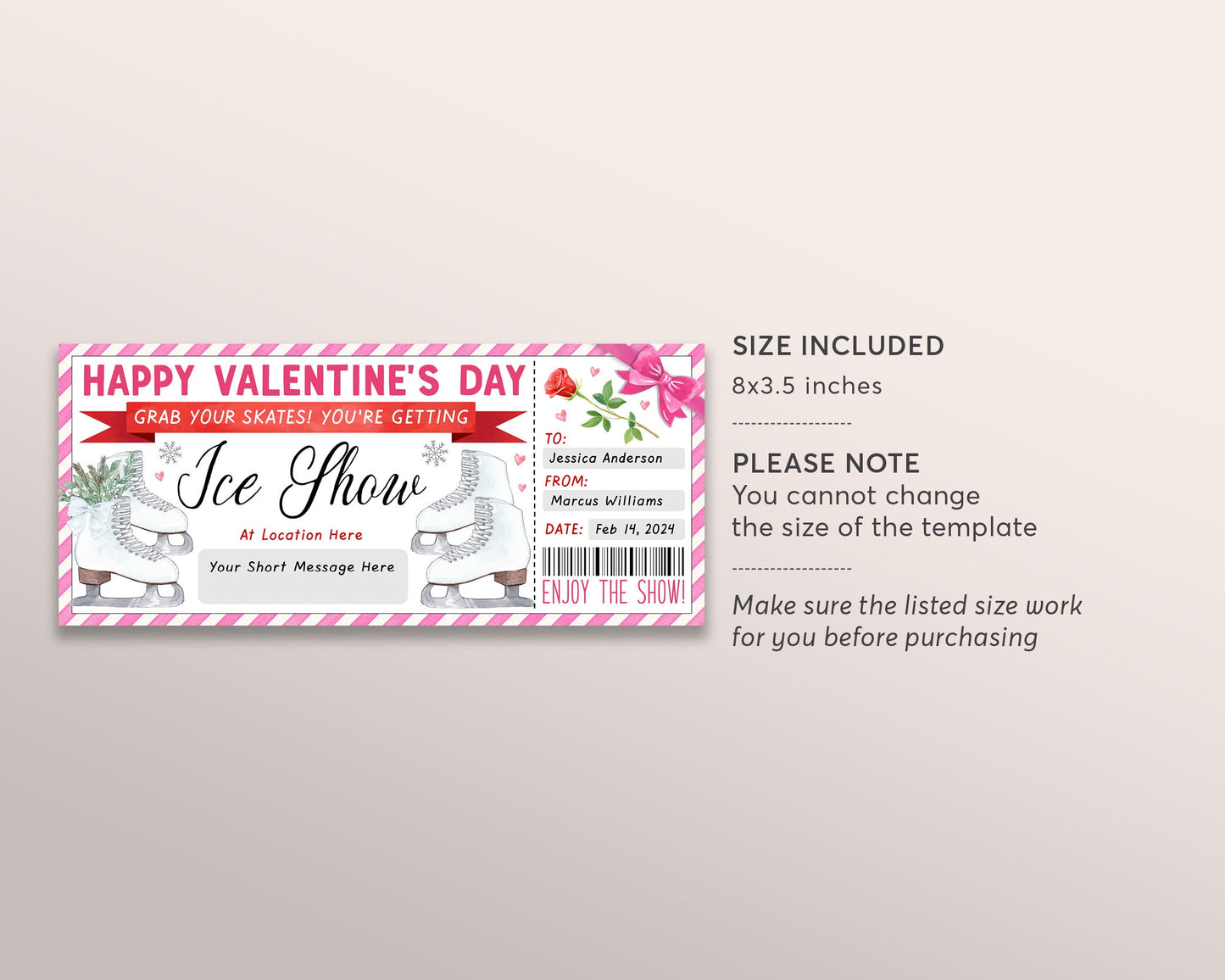 Valentines Day Ice Show Gift Voucher Editable Template, Anniversary Surprise Ice Skating Show Event Gift Certificate For Her, Sports Coupon