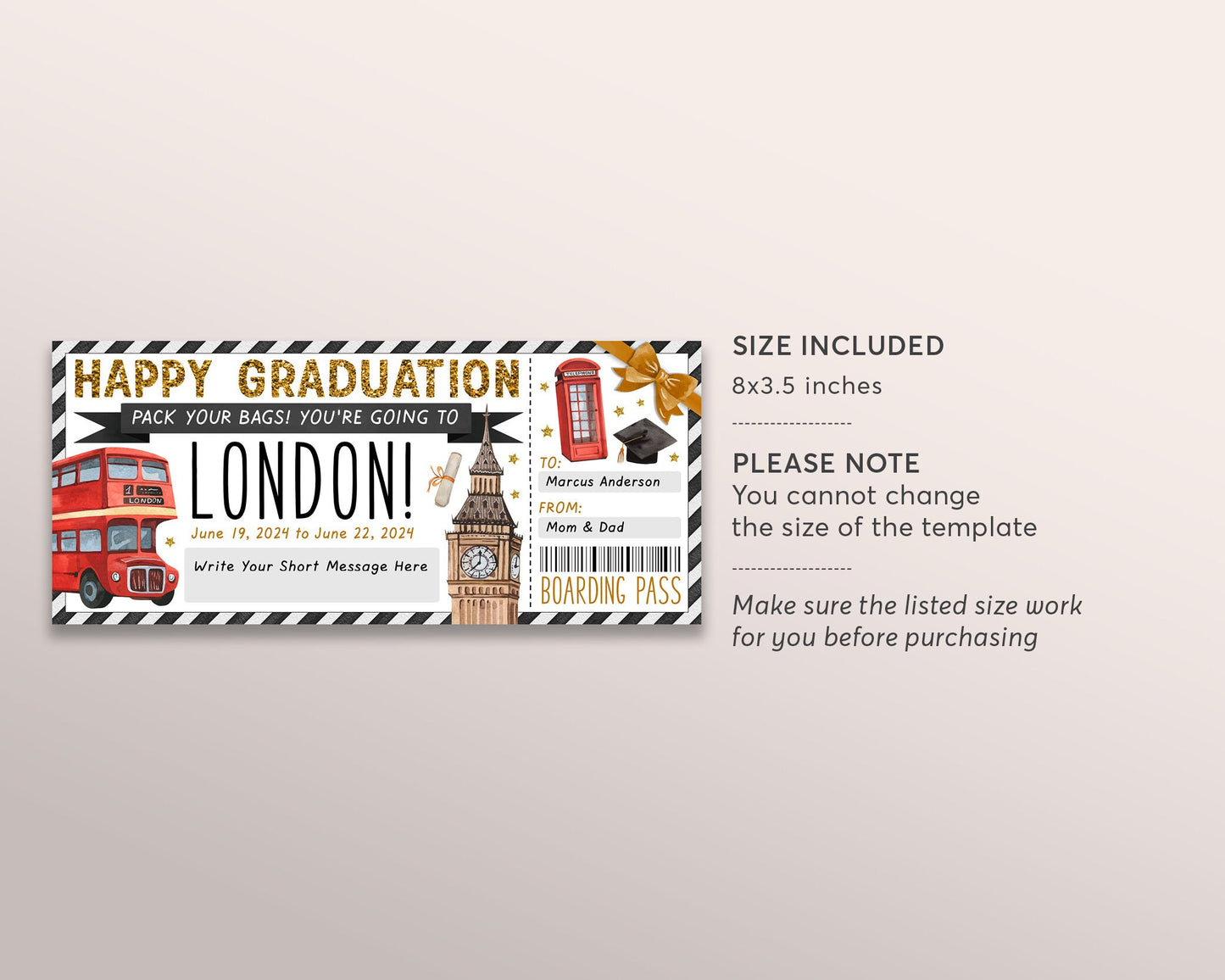 Graduation London Gift Ticket Boarding Pass Editable Template, Surprise England Travel Vacation Plane Ticket Certificate For New Graduate