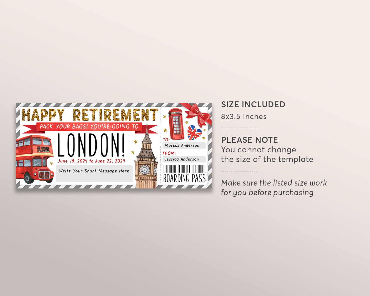 Retirement London Gift Ticket Boarding Pass Editable Template, Surprise England Travel Vacation Plane Ticket Certificate For Retiree