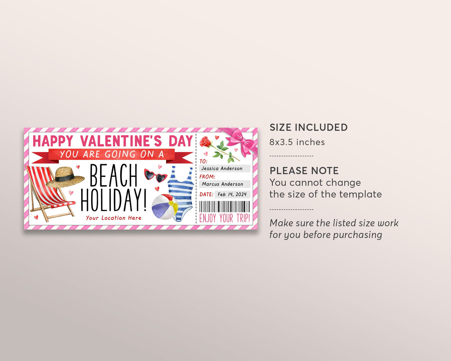 Valentines Day Tropical Beach Vacation Ticket Editable Template, Beach Holiday Getaway Reveal Gift Certificate, Resort Gift Voucher