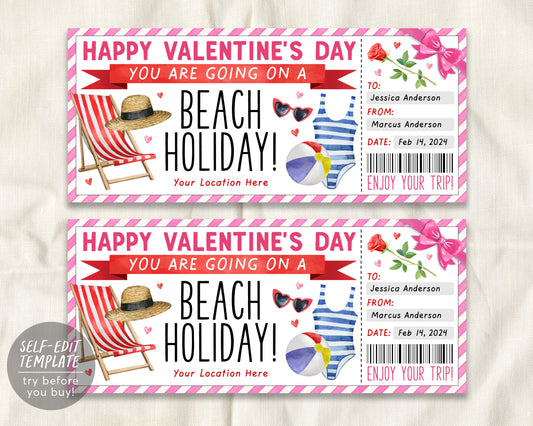 Valentines Day Tropical Beach Vacation Ticket Editable Template