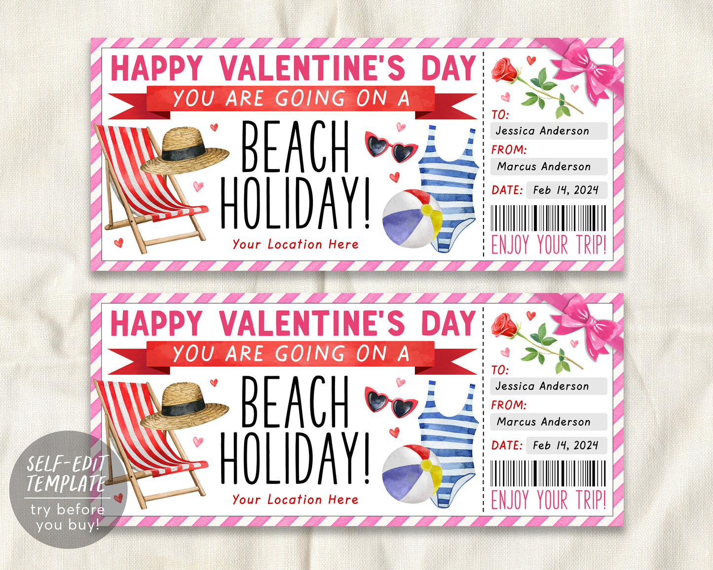 Valentines Day Tropical Beach Vacation Ticket Editable Template