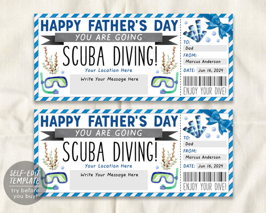 Fathers Day Scuba Diving Ticket Editable Template