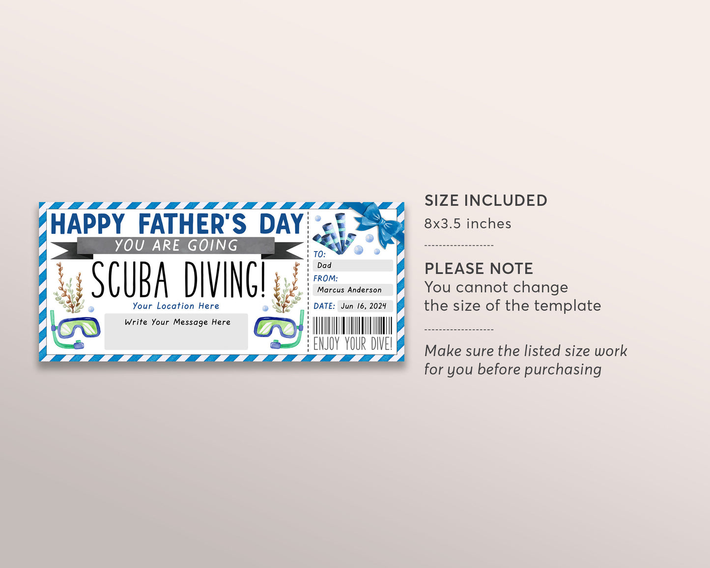 Fathers Day Scuba Diving Ticket Editable Template, Snorkeling Experience Reveal Gift Voucher For Dad, Deep Sea Diving Trip Gift Certificate