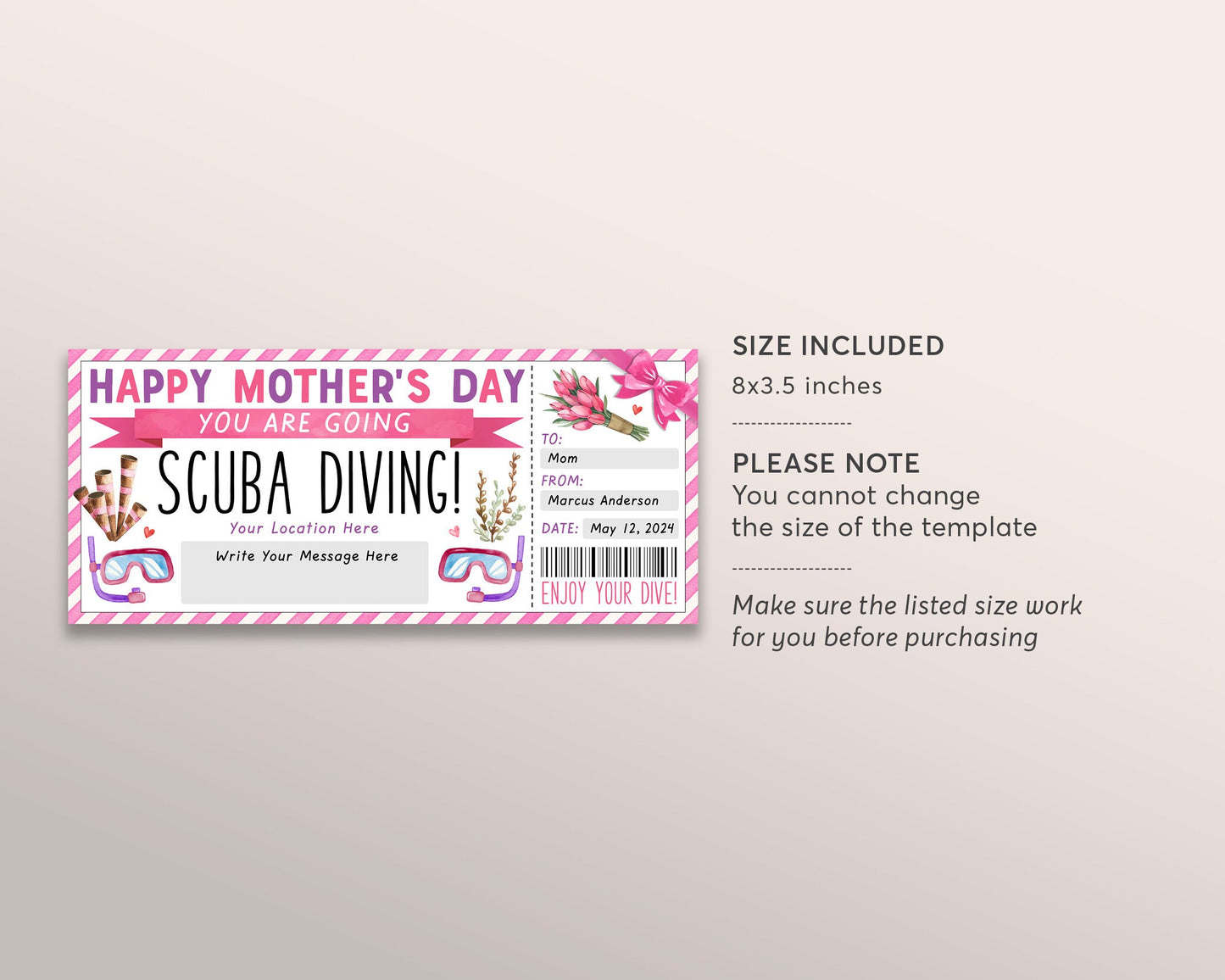 Mothers Day Scuba Diving Ticket Editable Template, Snorkeling Experience Reveal Gift Voucher For Mom, Deep Sea Diving Trip Gift Certificate