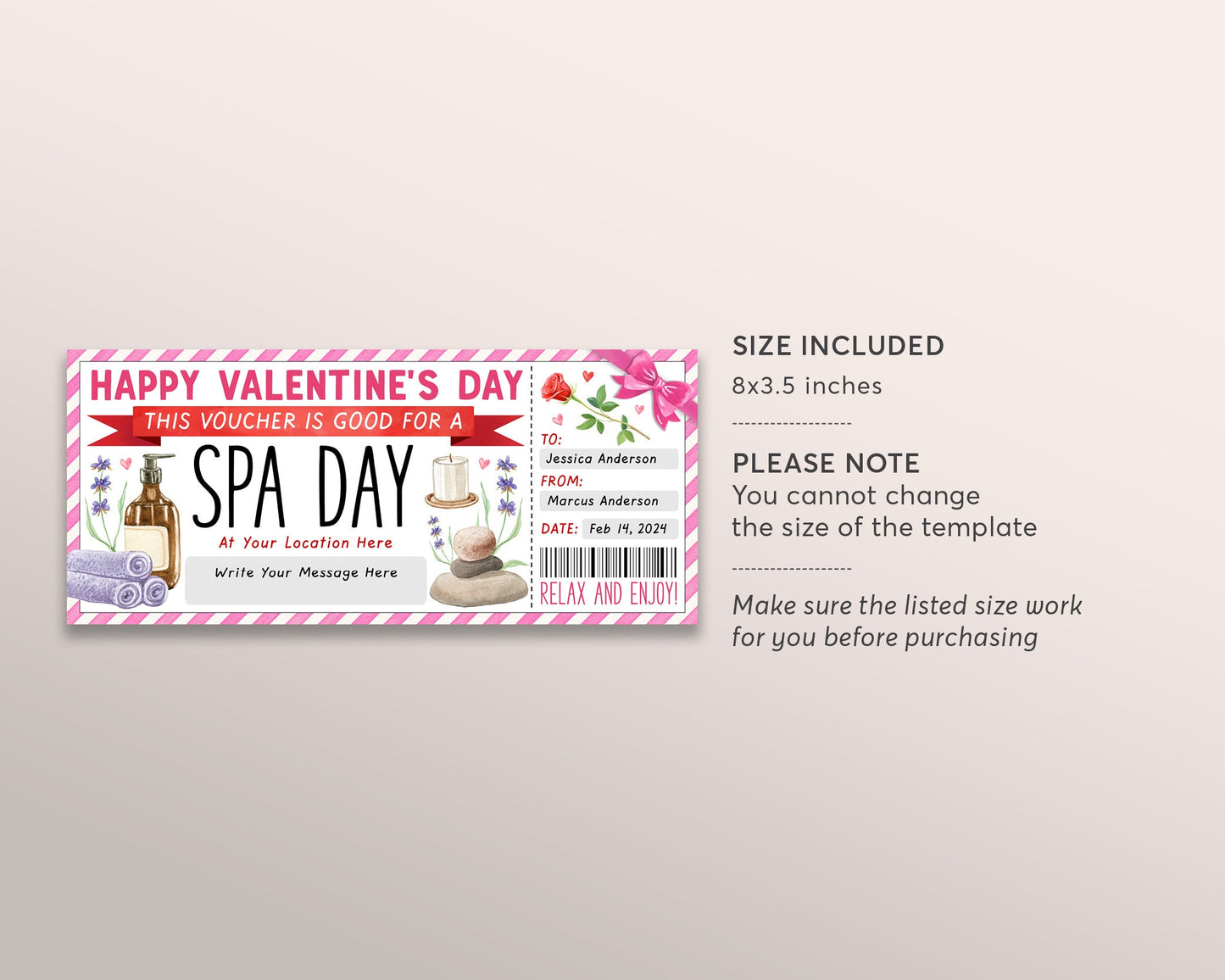 Valentines Day Spa Day Gift Voucher Ticket Editable Template, Surprise Spa Treatment Coupon Reveal, Spa Membership Package Certificate