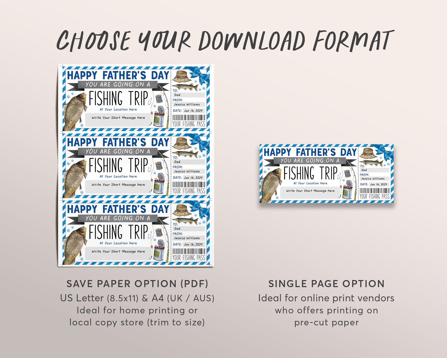 Father's Day Retirement Fishing Trip Ticket Editable Template, Fishing Trip Reveal Gift Certificate For Dad, Fishing Day Trip Voucher Coupon