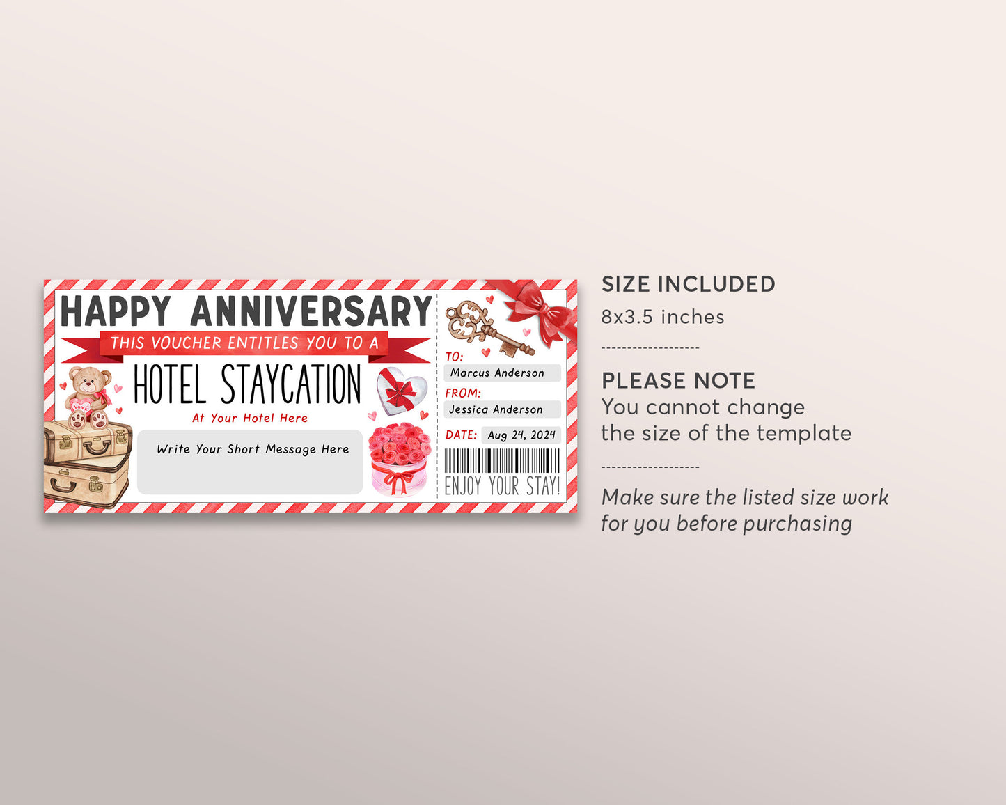Hotel Staycation Voucher Editable Template, Wedding Anniversary Surprise Hotel Reservation For Wife Husband, Getaway Ticket Gift Certificate