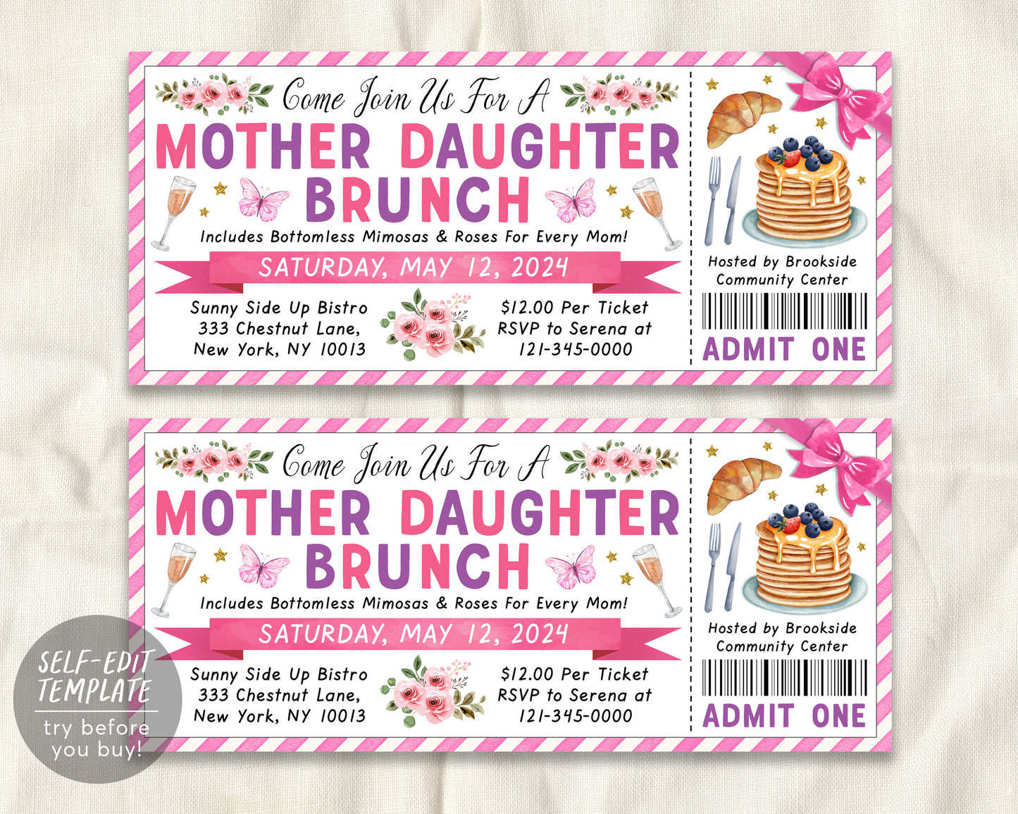 Mother Daughter Brunch Ticket Invitation Editable Template