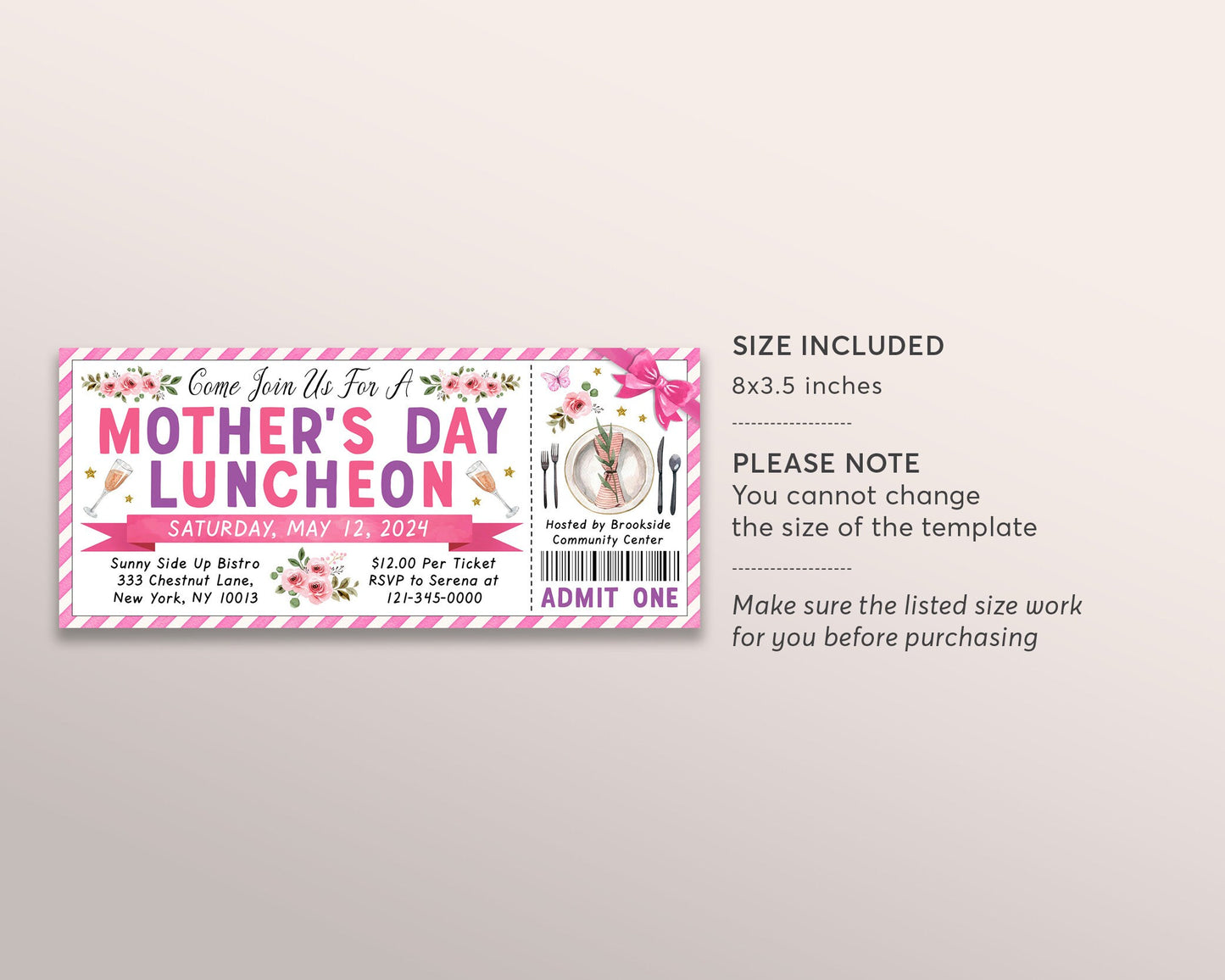 Mother's Day Luncheon Ticket Invitation Editable Template, Mothers Day Floral Lunch Brunch Ticket, Mother Daughter Celebration Invite