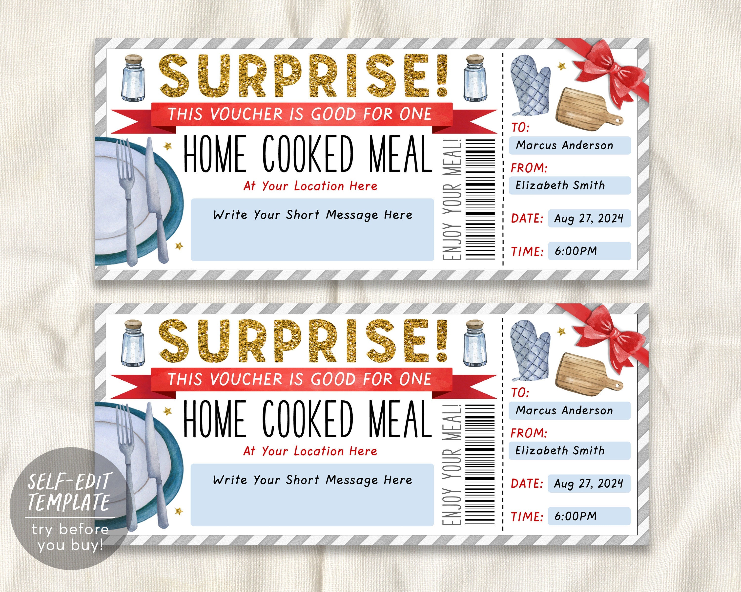 Home Cooked Meal Coupon Editable Template, Surprise Personal Chef Expe
