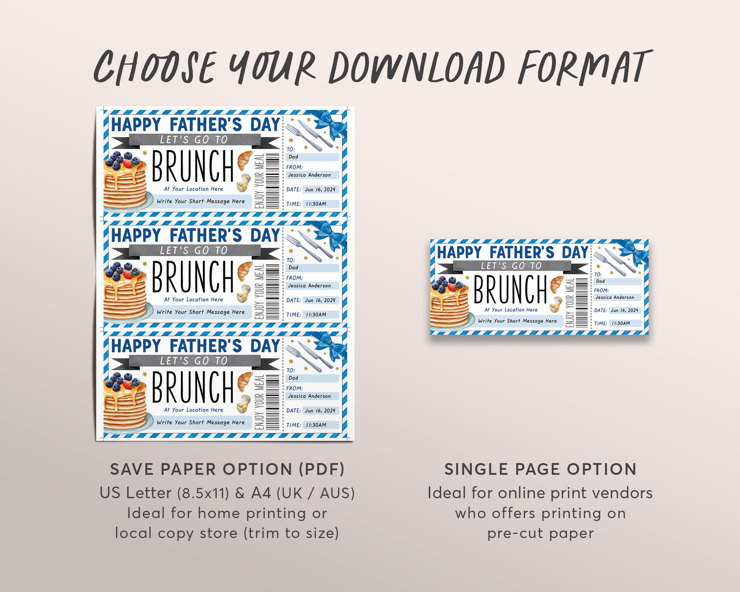 Fathers Day Brunch Coupon Ticket Editable Template, Fathers Day Lunch Luncheon Gift Certificate For Dad, Breakfast Gift Voucher Printable