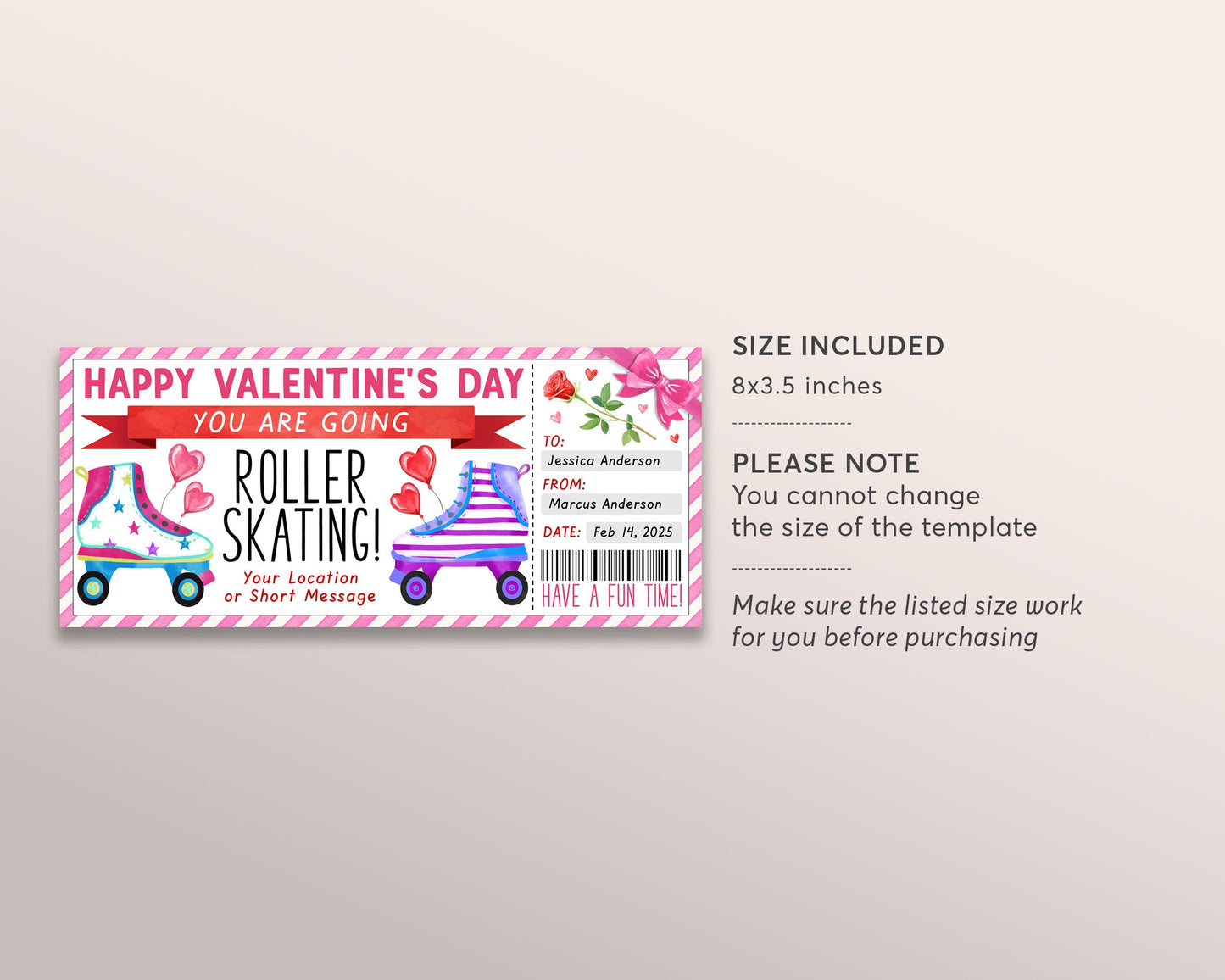 Valentines Day Roller Skating Ticket Editable Template, Anniversary Roller Skating Experience Gift Voucher, Rollerskating Gift Certificate