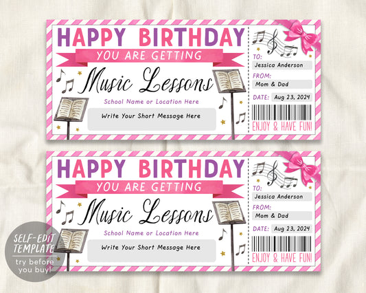 Birthday Music Lessons Gift Certificate Editable Template
