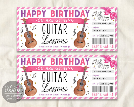 Birthday Guitar Lessons Gift Certificate Editable Template