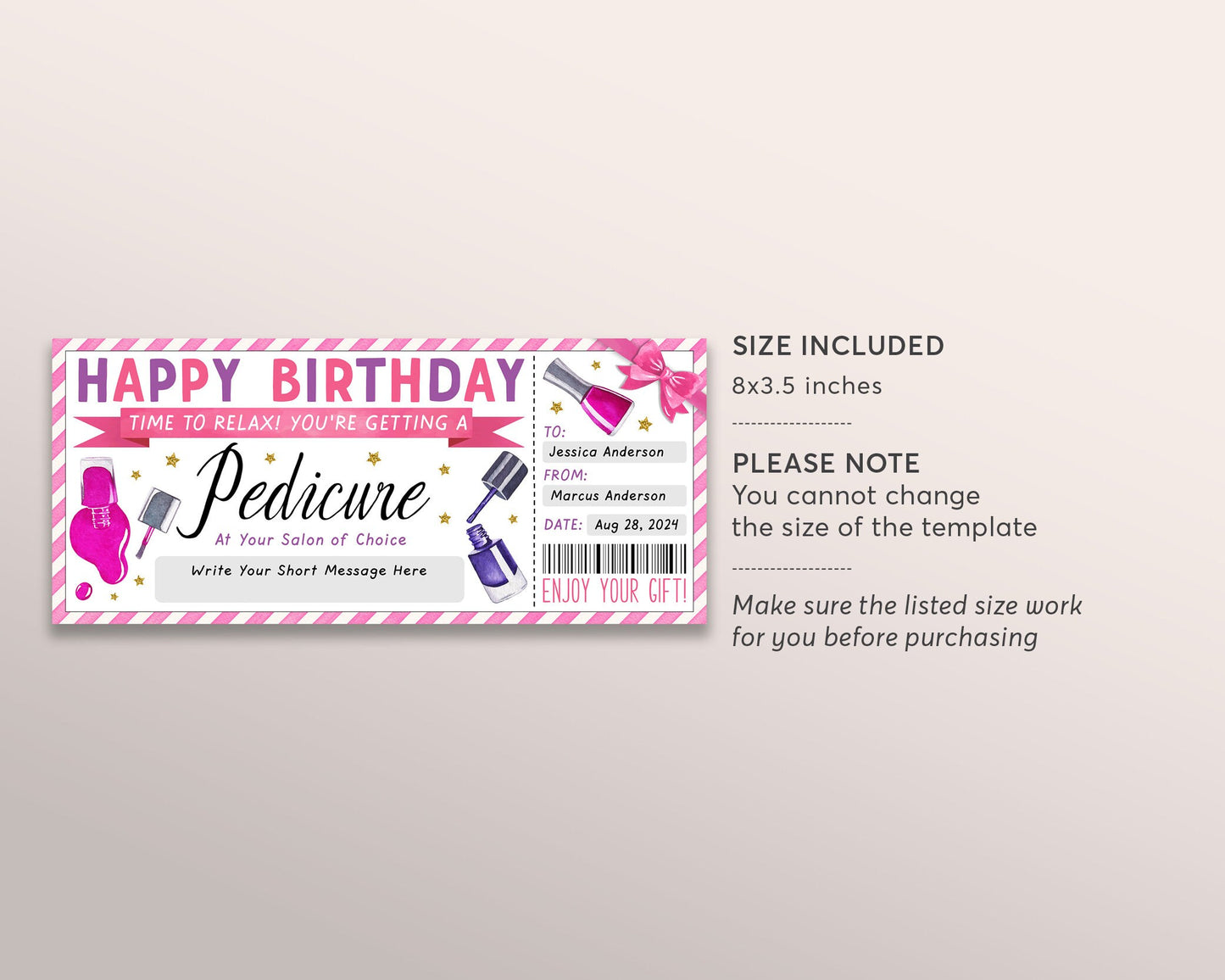 Pedicure Ticket Editable Template, Birthday Surprise Mani Pedi Gift Certificate, Nail Salon Spa Voucher Coupon Holiday Reveal Printable DIY