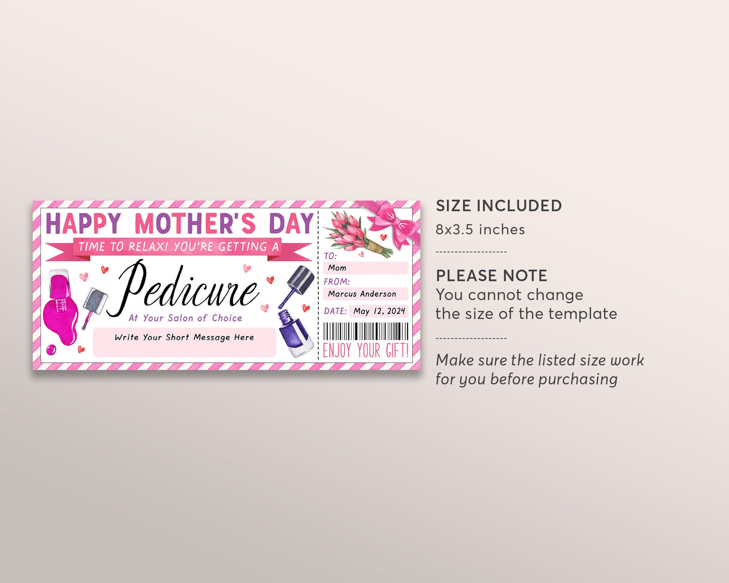 Mothers Day Pedicure Ticket Editable Template, Surprise Mani Pedi Gift Certificate For Mom, Nail Salon Spa Day Experience Voucher Coupon