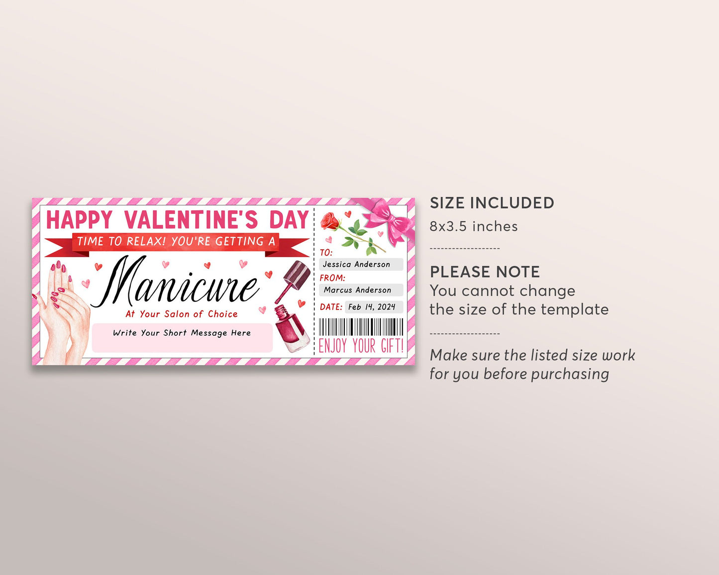 Valentines Day Manicure Ticket Editable Template, Mani Pedi Gift Certificate For Girlfriend Wife, Nail Salon Spa Day Voucher Coupon
