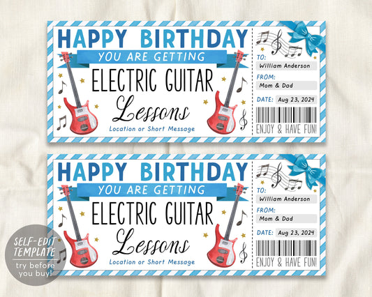 Birthday Electric Guitar Lessons Gift Certificate Editable Template