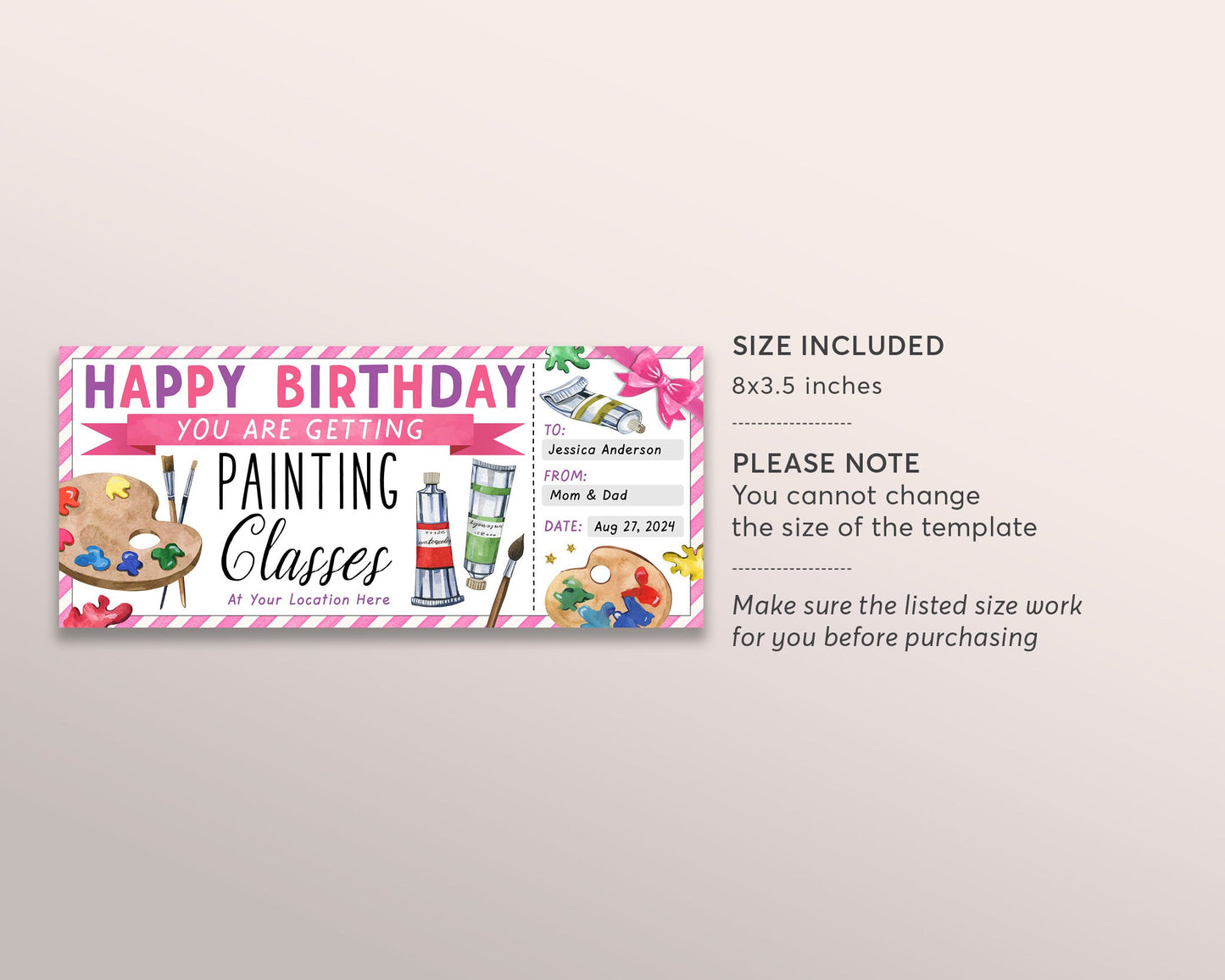 Painting Class Gift Certificate Ticket Editable Template, Birthday Painting Experience Art Lessons Classes For Her, Oil Painting Voucher