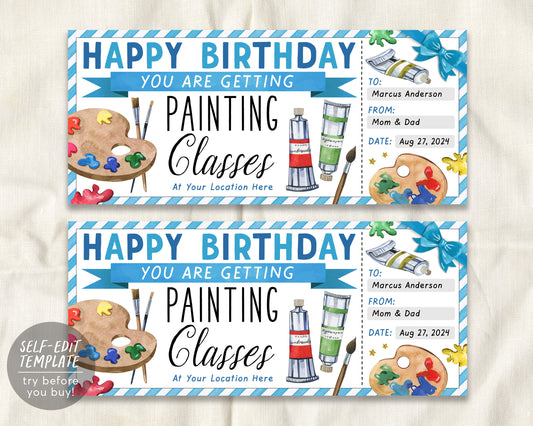 Birthday Painting Class Gift Certificate Ticket Editable Template