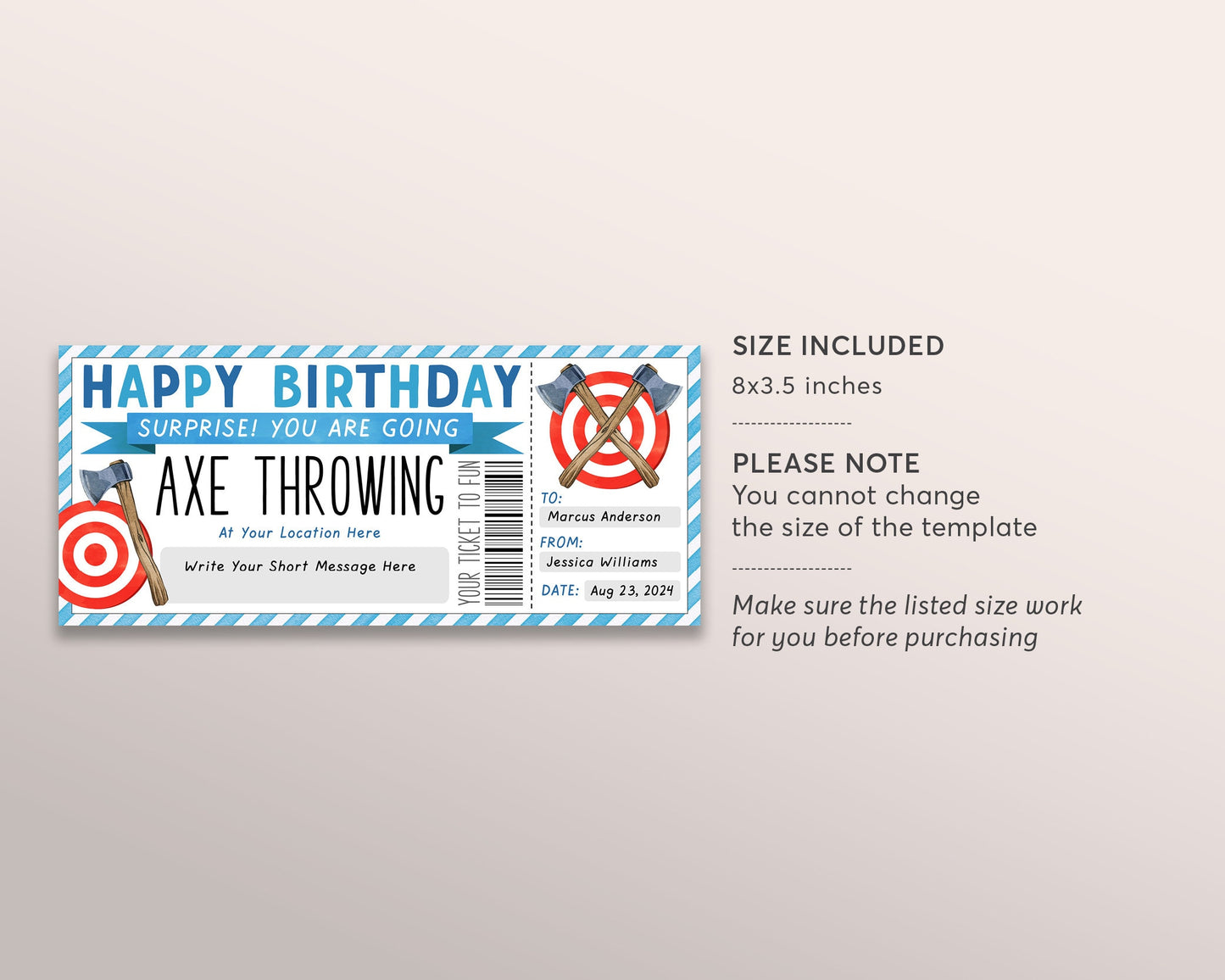 Axe Throwing Gift Certificate Ticket Editable Template, Birthday Surprise Hatchet Throwing Experience Gift Voucher Holiday Coupon For Him