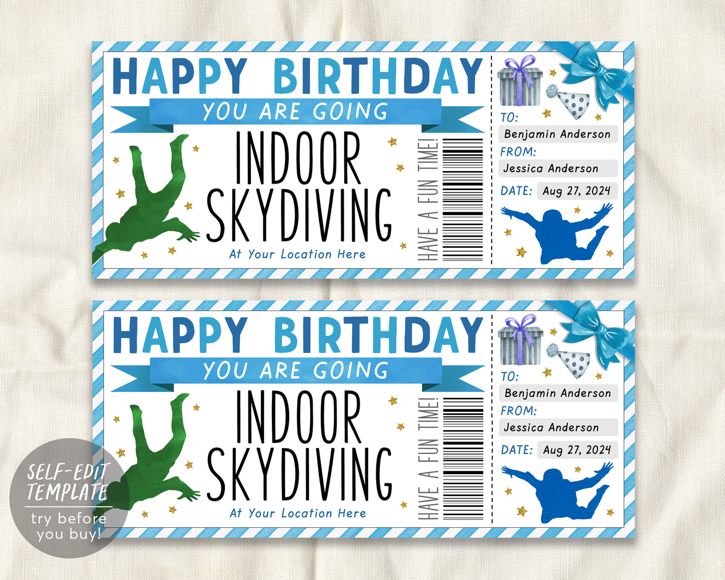 Birthday Indoor Skydiving Gift Certificate Ticket Editable Template