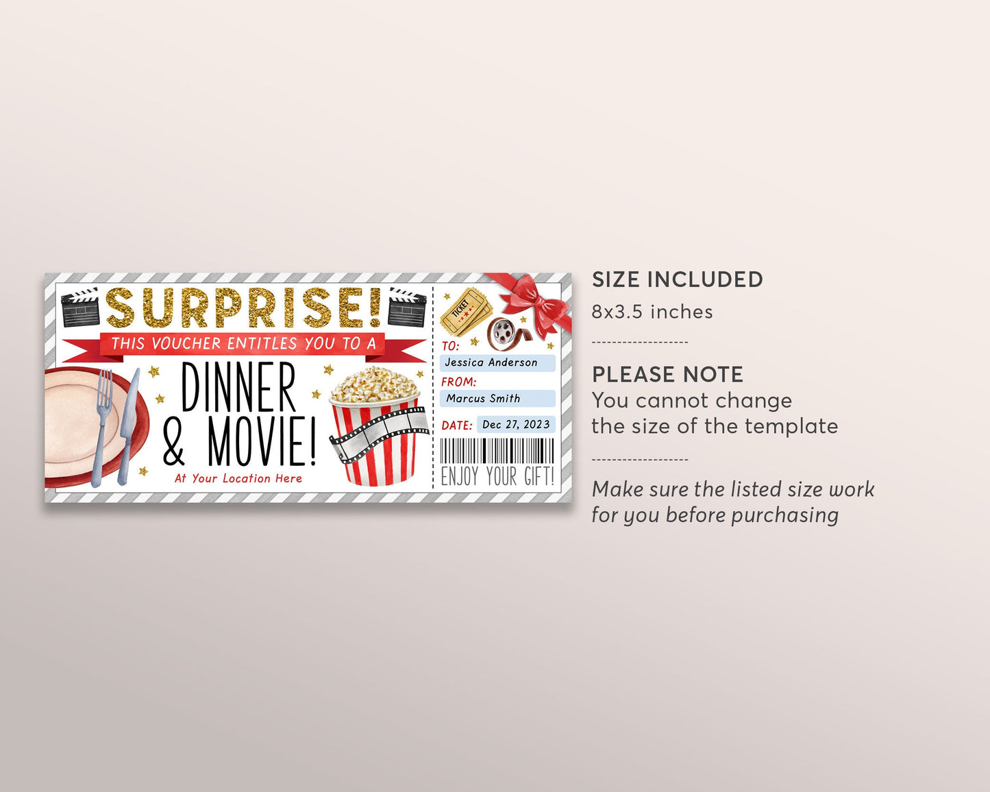 Dinner and Movie Gift Voucher Editable Template, Surprise Date Night Restaurant Gift Certificate Reveal, Best Friends Fun Night Movie Coupon