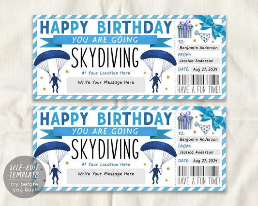 Birthday Skydiving Ticket Gift Certificate Ticket Editable Template