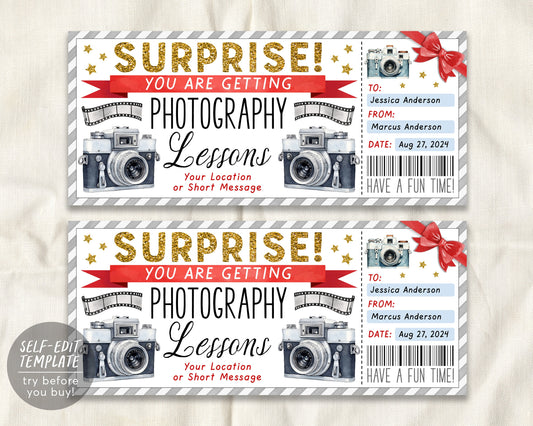 Photography Lessons Gift Voucher Ticket Editable Template
