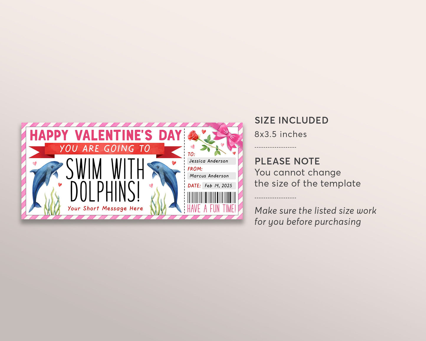 Valentines Day Swim With Dolphins Ticket Editable Template, Anniversary Surprise Dolphin Watching Experience Voucher Gift Certificate Coupon