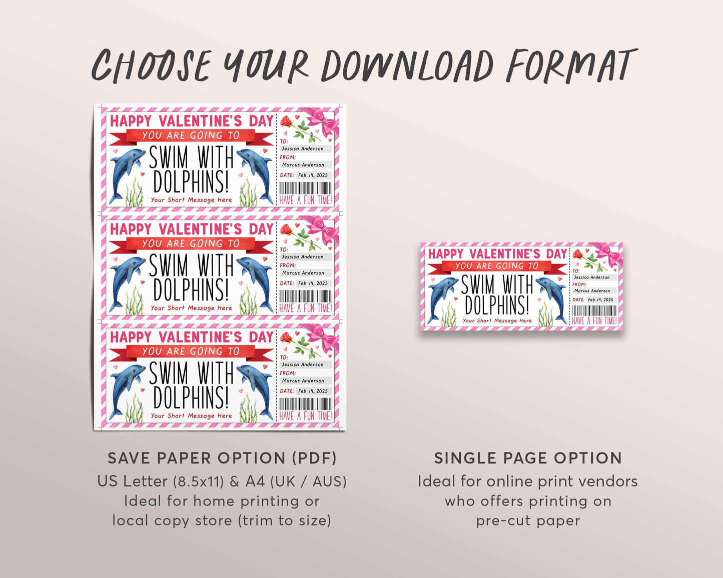 Valentines Day Swim With Dolphins Ticket Editable Template, Anniversary Surprise Dolphin Watching Experience Voucher Gift Certificate Coupon