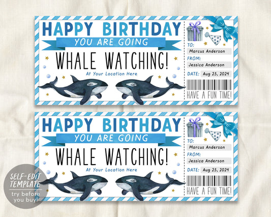 Birthday Whale Watching Trip Ticket Editable Template