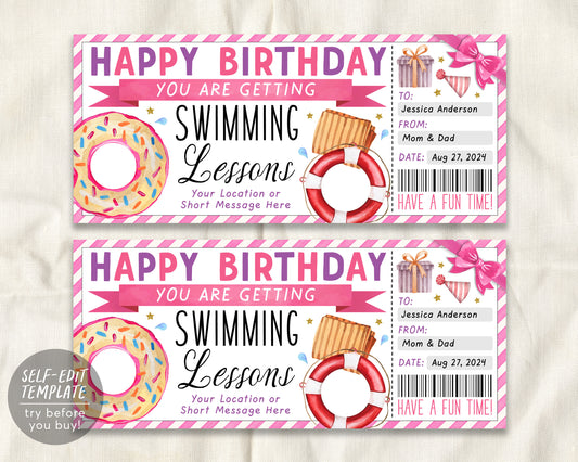 Birthday Swim Lessons Gift Certificate Ticket Editable Template