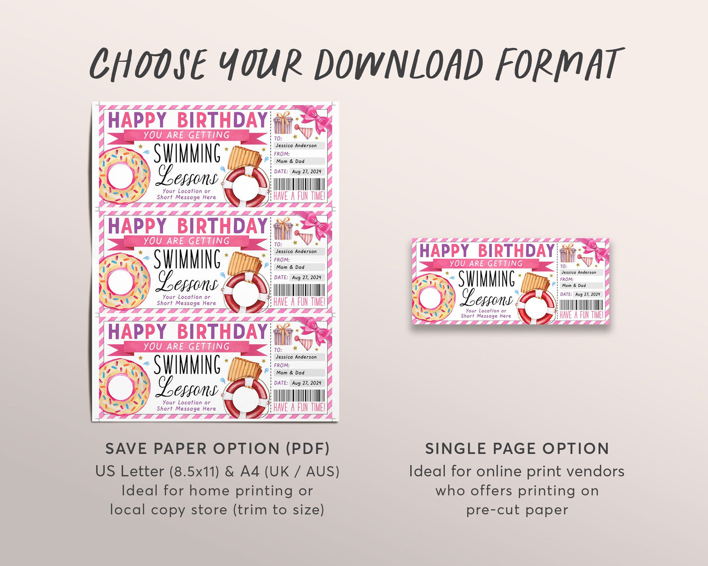 Swim Lessons Gift Certificate Ticket Editable Template, Birthday Surprise Swimming Classes Experience For Her, Learn to Swim Voucher Coupon