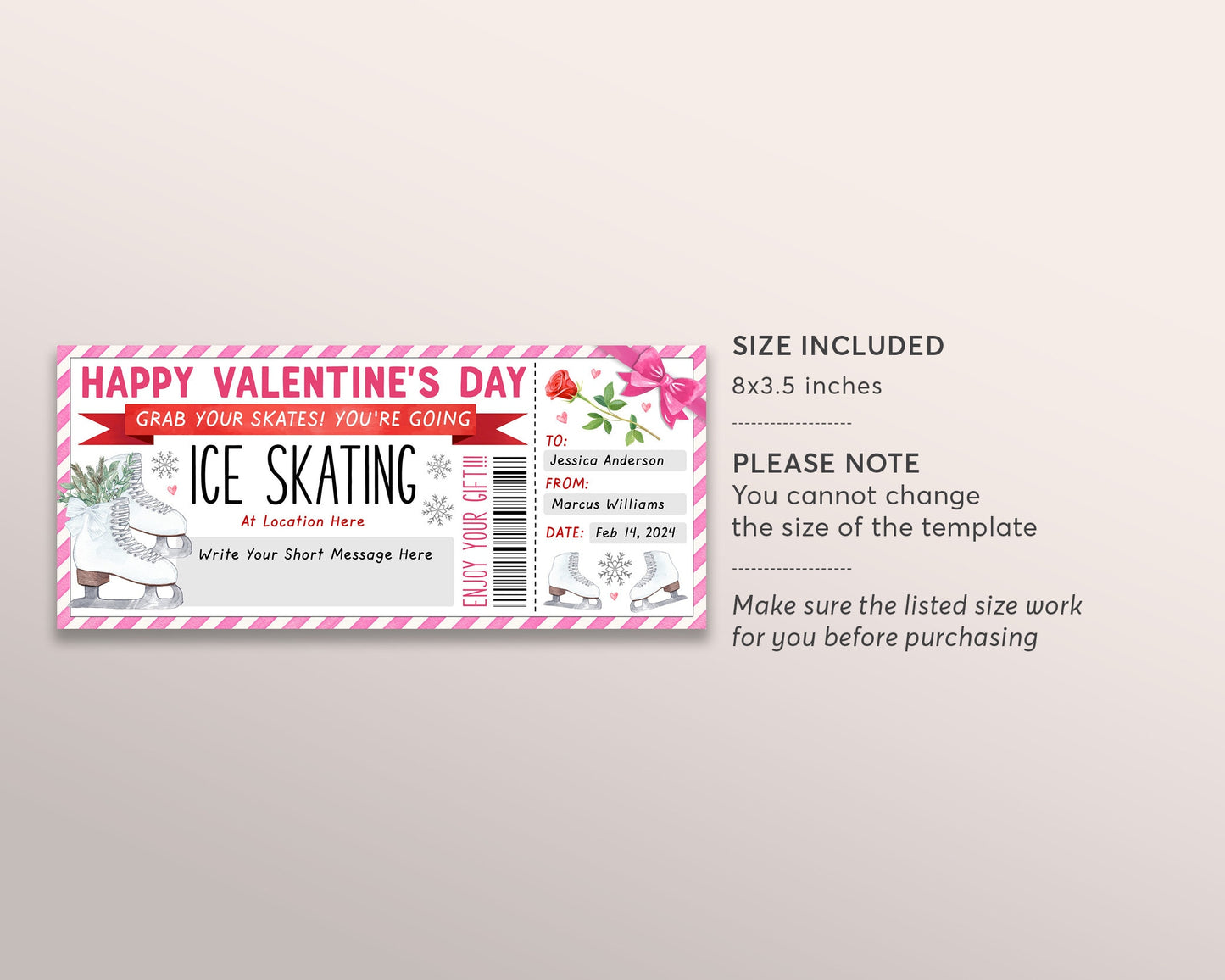 Valentines Day Ice Skating Gift Voucher Editable Template, Anniversary Skating Lessons Gift Certificate For Her, Skating Membership Coupon